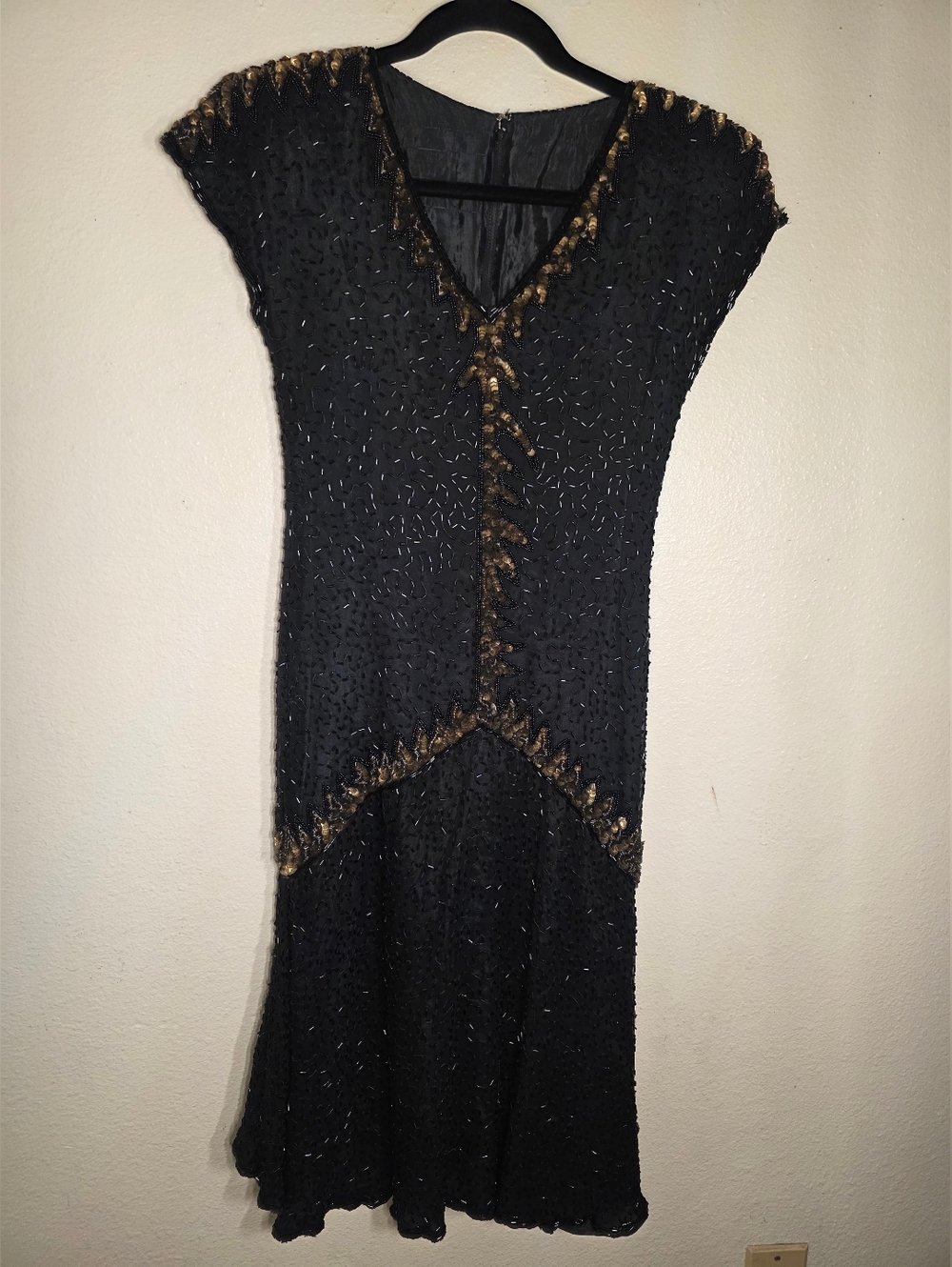 Vintage Black Beaded Gold SSource Unknown Black Backless Dress with Gold Accents